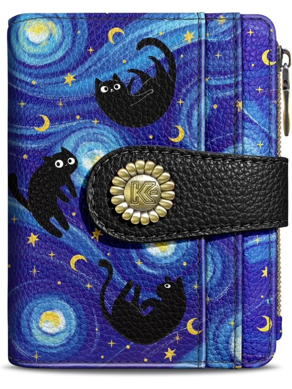 Women Black Cats Sky Skull Goth RFID Coin Pocket Vegan Pu Leather Zipper Wallet